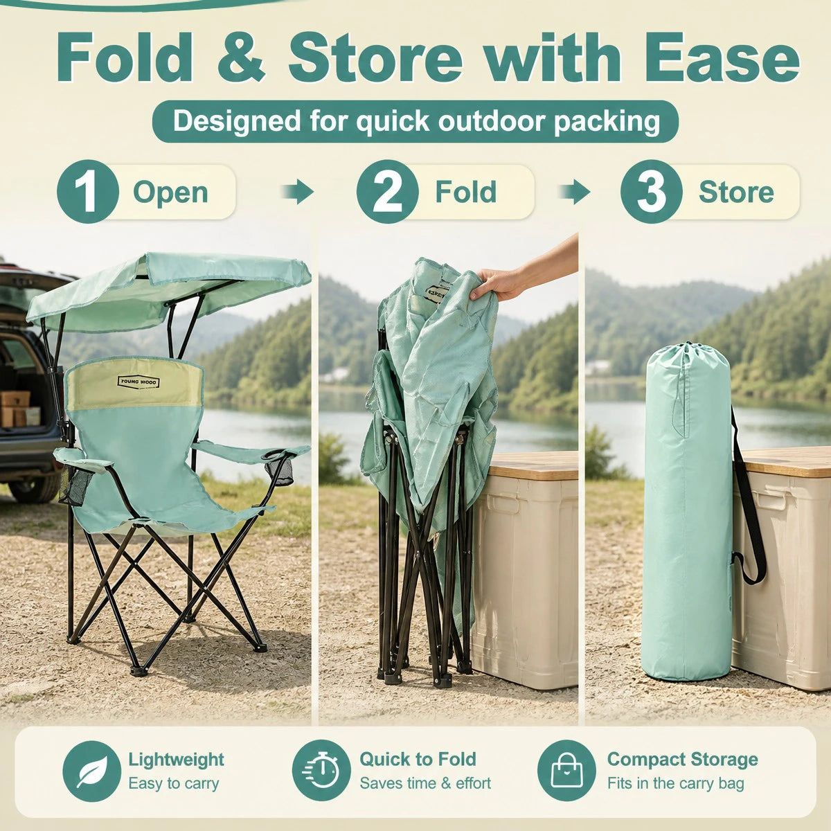 Portable Beach Chair with Cup Holder & Side Pocket, Duty Lawn Chair with Carry Bag for Camping, Beach, Fishing, Patio, Hiking,YOUNG WOOD Outdoor Folding Camping Chair with Adjustable Canopy