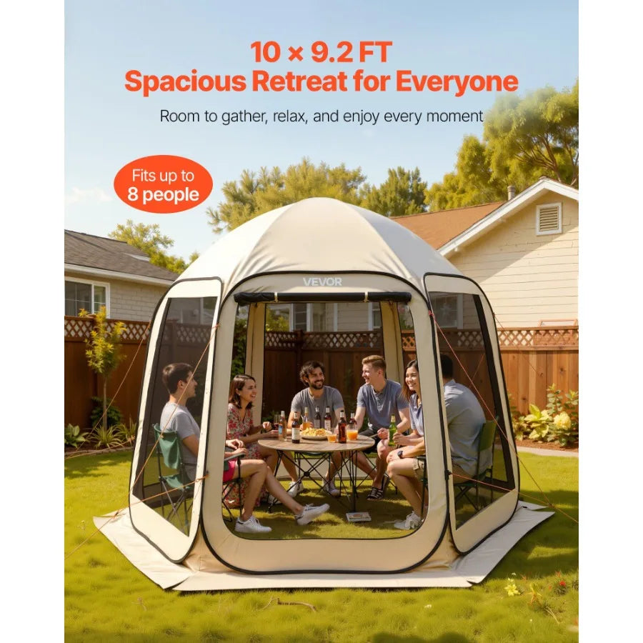 Screen House Tent 10 x 9.2 ft Beige 4-8 Person Pop Up Screened Canopy with Netting Sides Ground Stakes Carry Bag for Garden Pat
