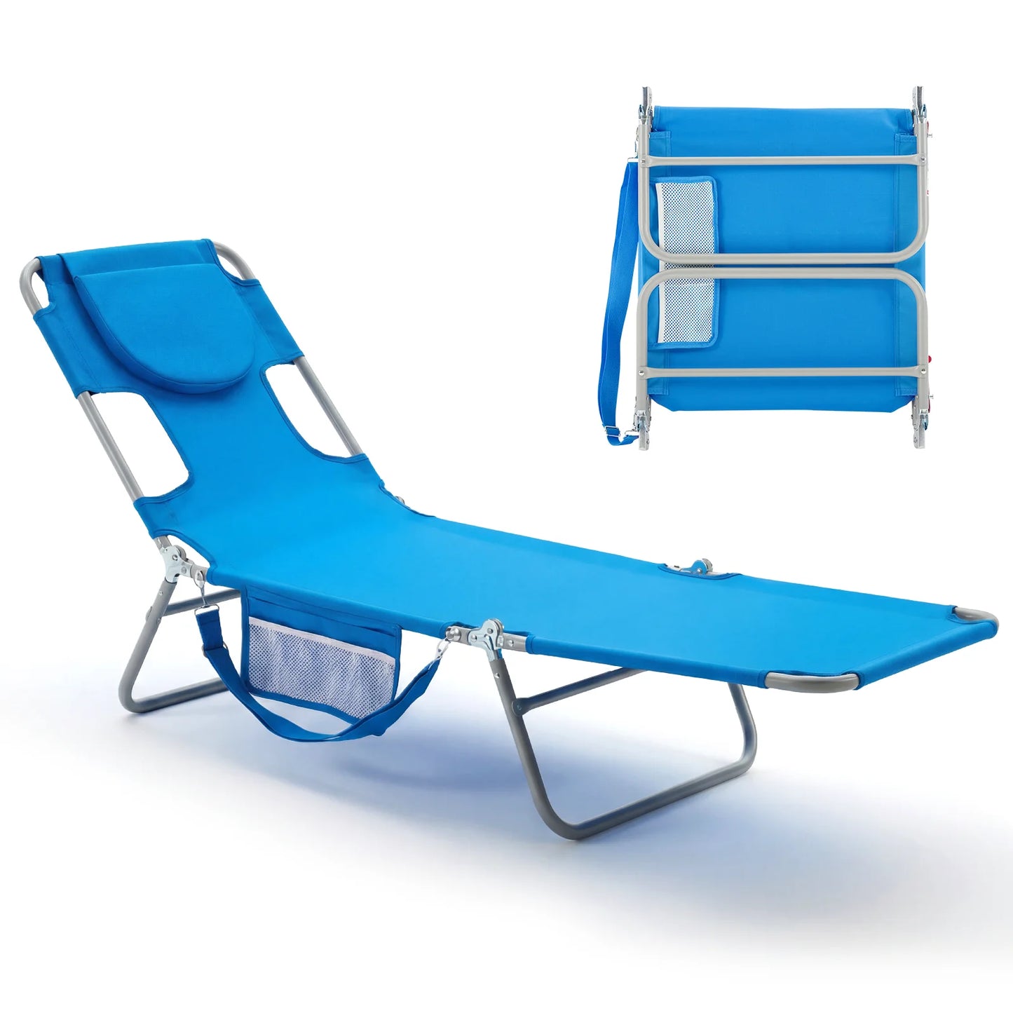 JHK 5-Position Adjustable Recline Beach Lounge Chair Portable Folding Sun Chairs with Face Arm Holes Max Load 225LBS for Patio