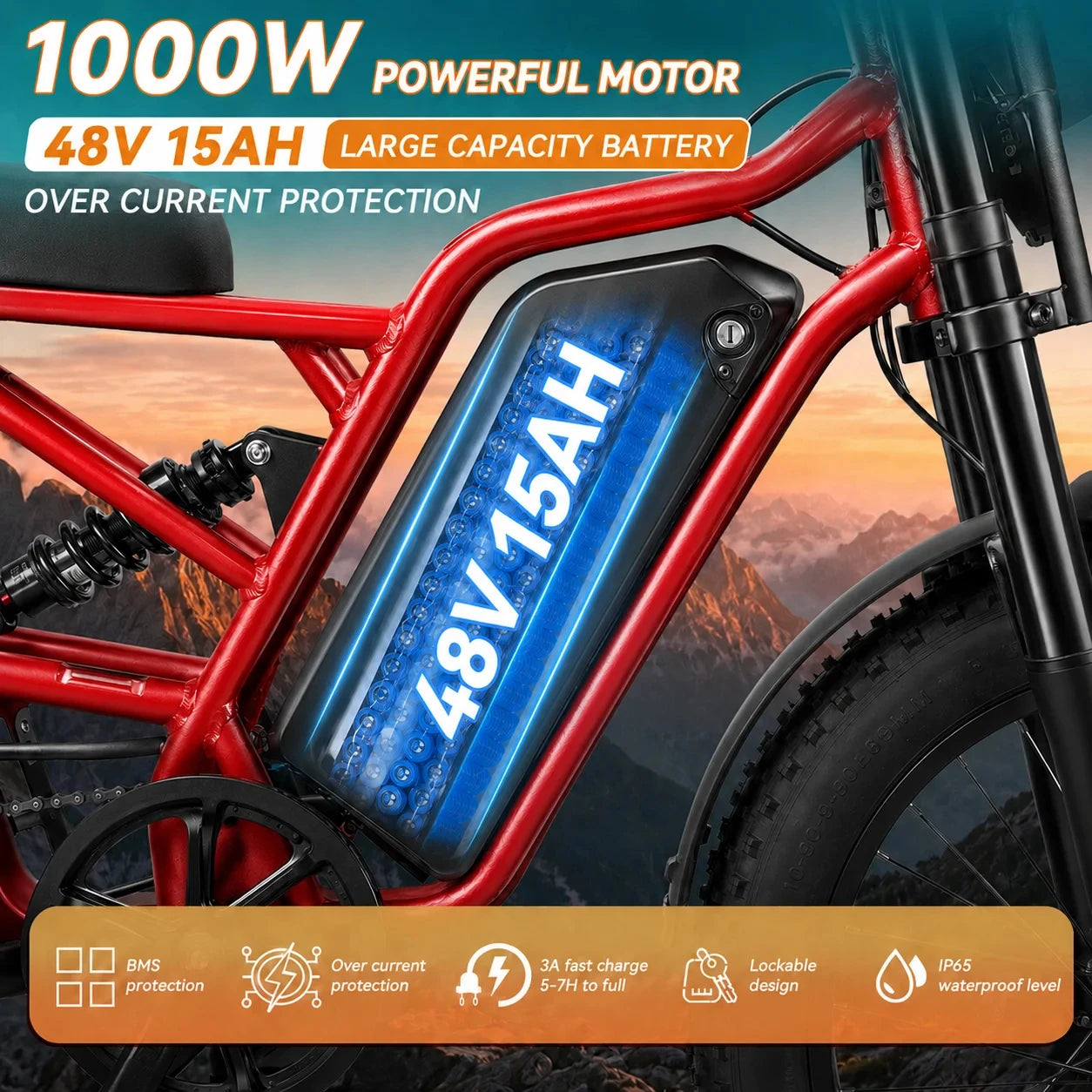 1000W Peak Electric Bike 48V15AH Battery Full Suspension 7 Speed 16*4 Inch Fat Tire All Terrain Off Road E-bike Motorcycle for Adults
