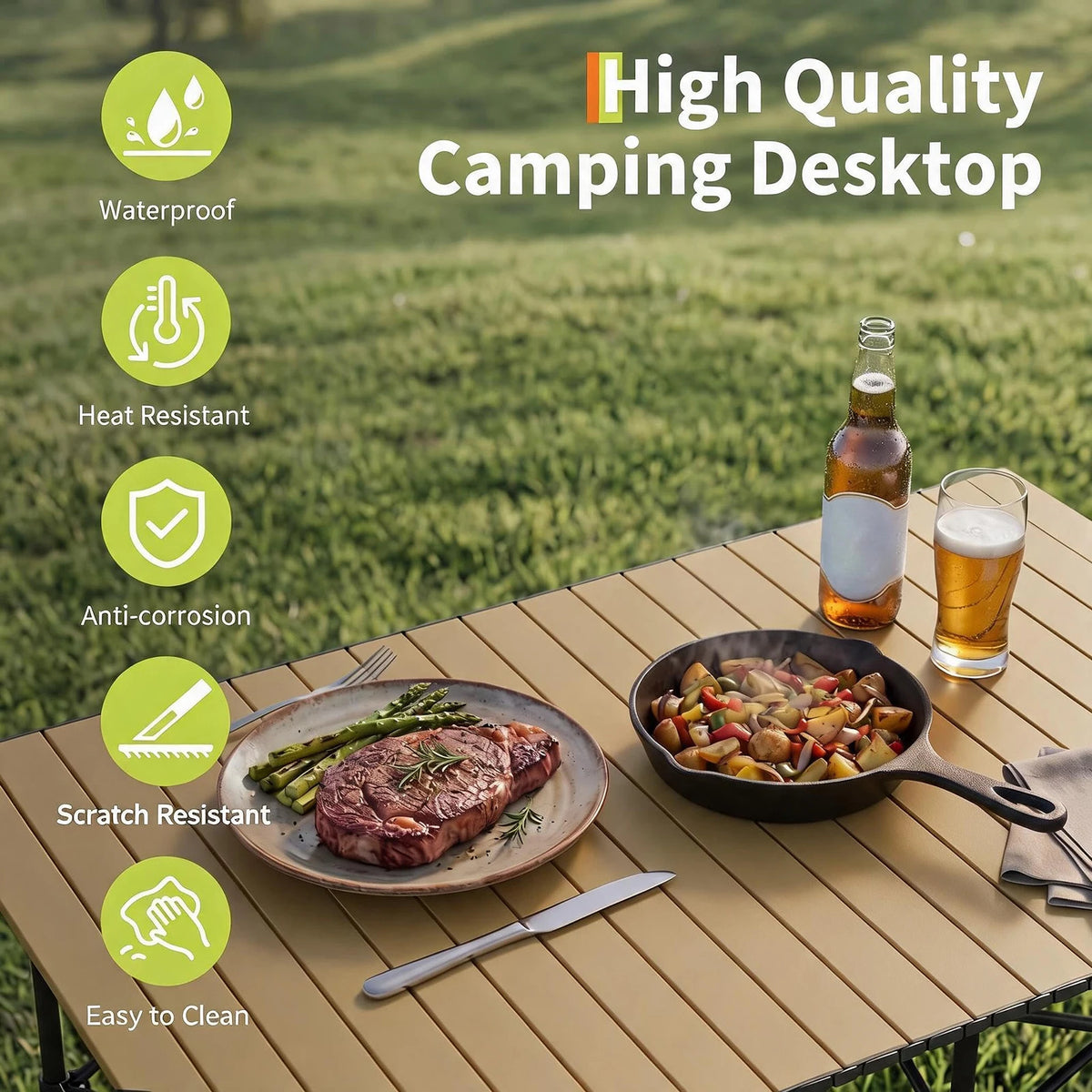 Adjustable Height Folding Camping Table, Portable Aluminum Roll Up Table With Carry Bag, 110lb Outdoor BBQ Patio Beach