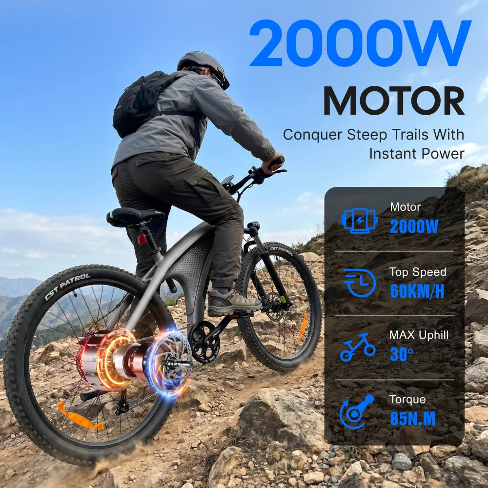 HX Q5 Ebike 2000W Torque Sensor Adults Electric Bike 85Nm 57KM/H Electric Bicycle 27.5“ Removable Battery Electric Mountain Bike