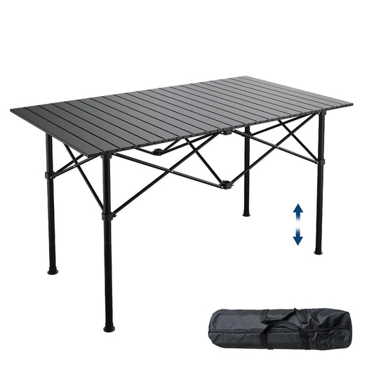 Adjustable Height Folding Camping Table, Portable Aluminum Roll Up Table With Carry Bag, 110lb Outdoor BBQ Patio Beach