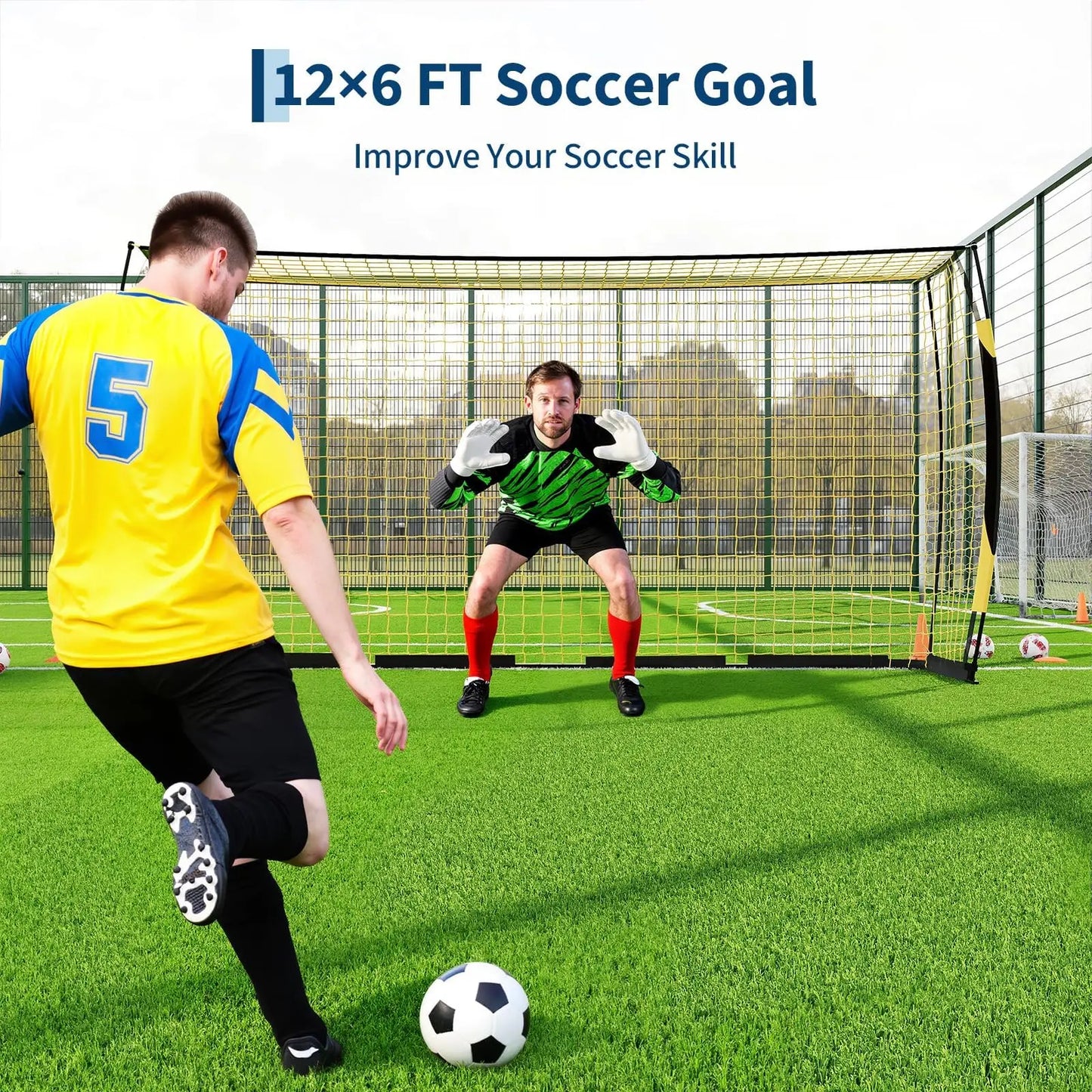 12x6ft Portable Soccer Goal Heavy Duty Metal Frame Foldable Backyard Soccer Net Fiberglass Support Training Equipment With Bag