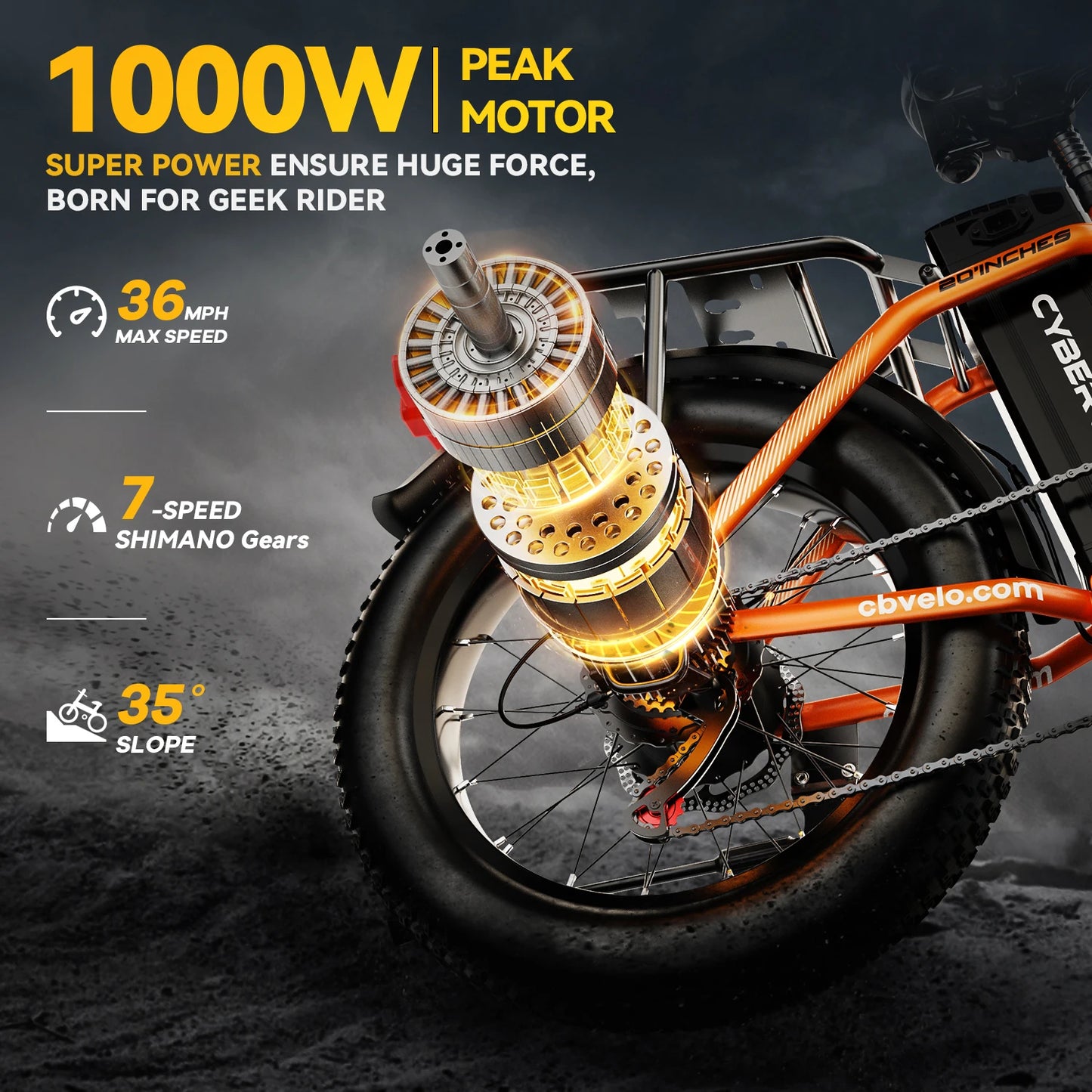 Cybervelo 1000W Peak High-speed Brushless Folding 20 Inch Fat Tire Electric Bike for Adults 48V 20.8Ah/50Ah Removable Battery 80 Miles Range Commuter E-Bicycle EK4