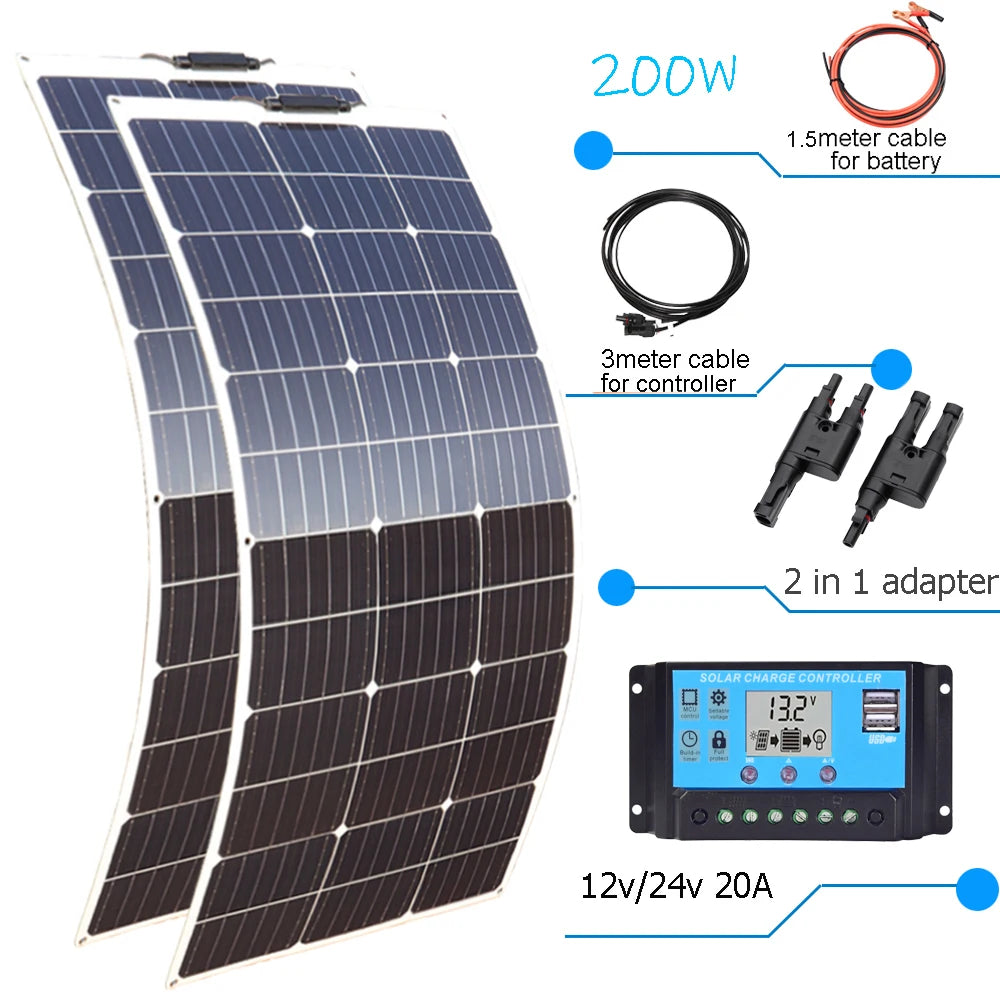Solar Panel Complete Kit 12V 100W 200W 24V Flexible Photovoltaic 100W Controller Power for Battery Boat Rv Home Camper Camping