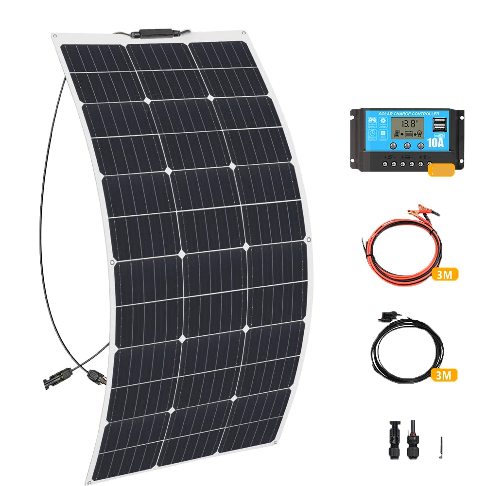 Solar Panel Complete Kit 12V 100W 200W 24V Flexible Photovoltaic 100W Controller Power for Battery Boat Rv Home Camper Camping
