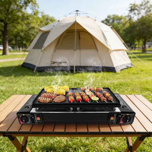 Camping Stove Propane Gas Stove Dual Burner Griddle Outdoor BBQ High Power 2100-2500W Low Gas Consumption 0.22lb/h Cast Iron Stainless Steel Aluminum Anti-Rust Easy Clean Oil Drip Tray Durable