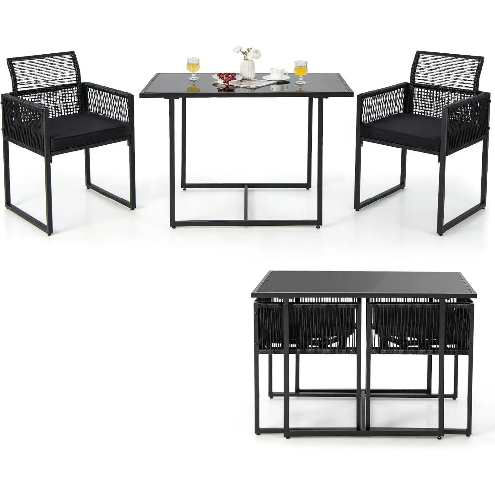 Tangkula 3 Pcs Outdoor PE Rattan Bistro Set Foldable Backrest Cushioned Tempered Glass Table Space Saving Patio Furniture