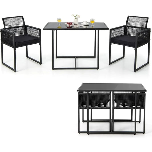 Tangkula 3 Pcs Outdoor PE Rattan Bistro Set Foldable Backrest Cushioned Tempered Glass Table Space Saving Patio Furniture
