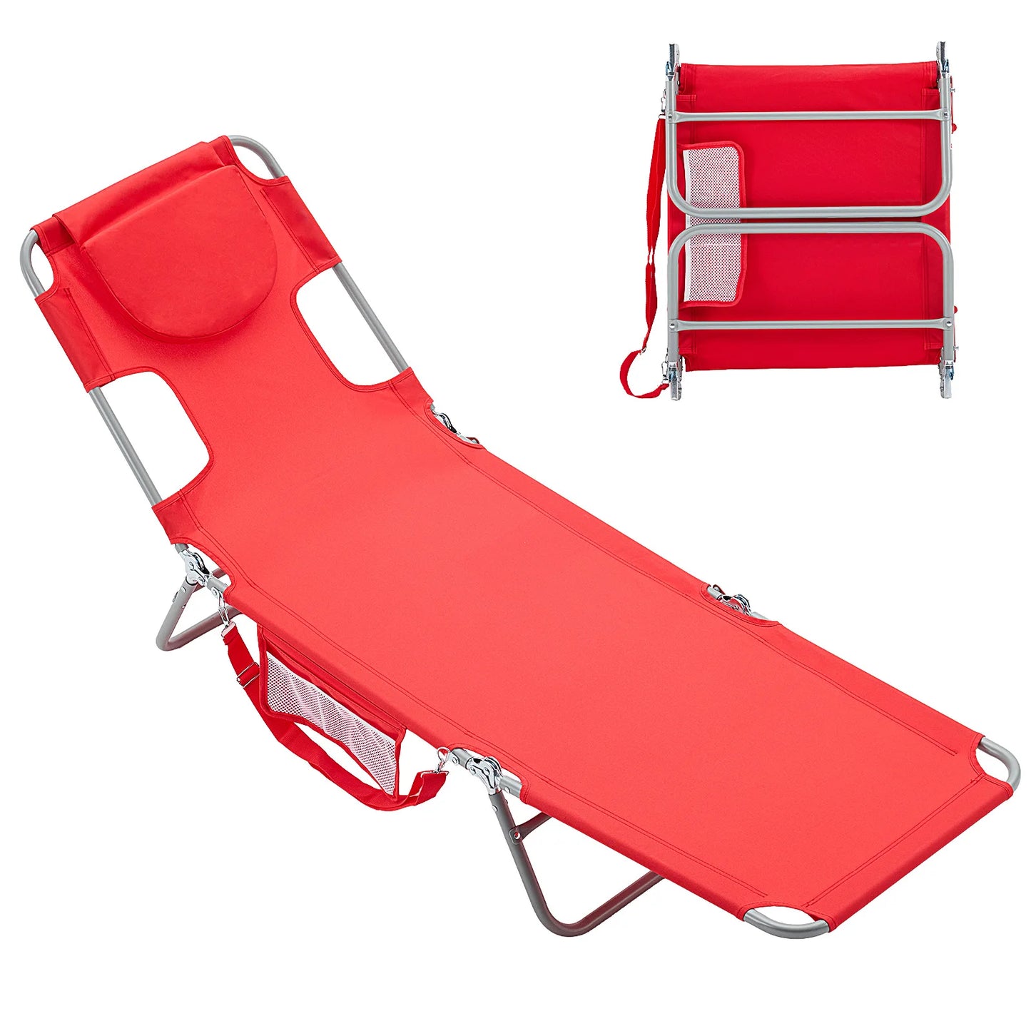 JHK 5-Position Adjustable Recline Beach Lounge Chair Portable Folding Sun Chairs with Face Arm Holes Max Load 225LBS for Patio