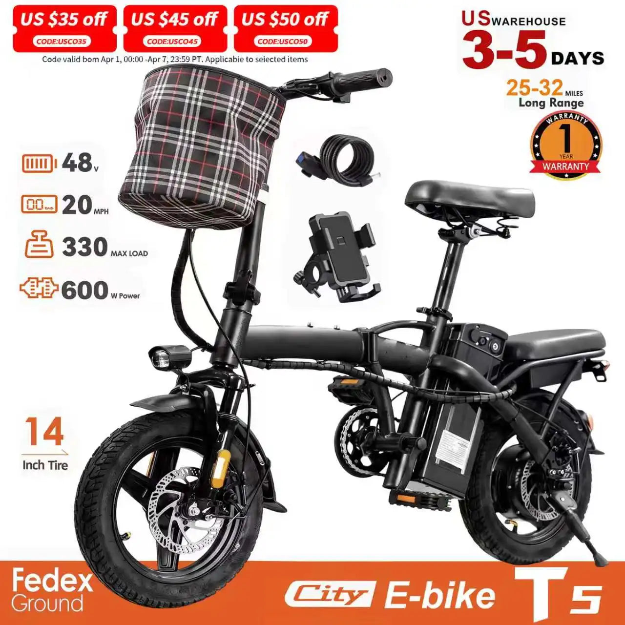 T5 14-inch Foldable Electric Bike 48V 750W Peak Power 20MPH 499Wh Long Range Lightweight Ebike with Dual Disc Brake And Basket for Adult Commute 22 Miles