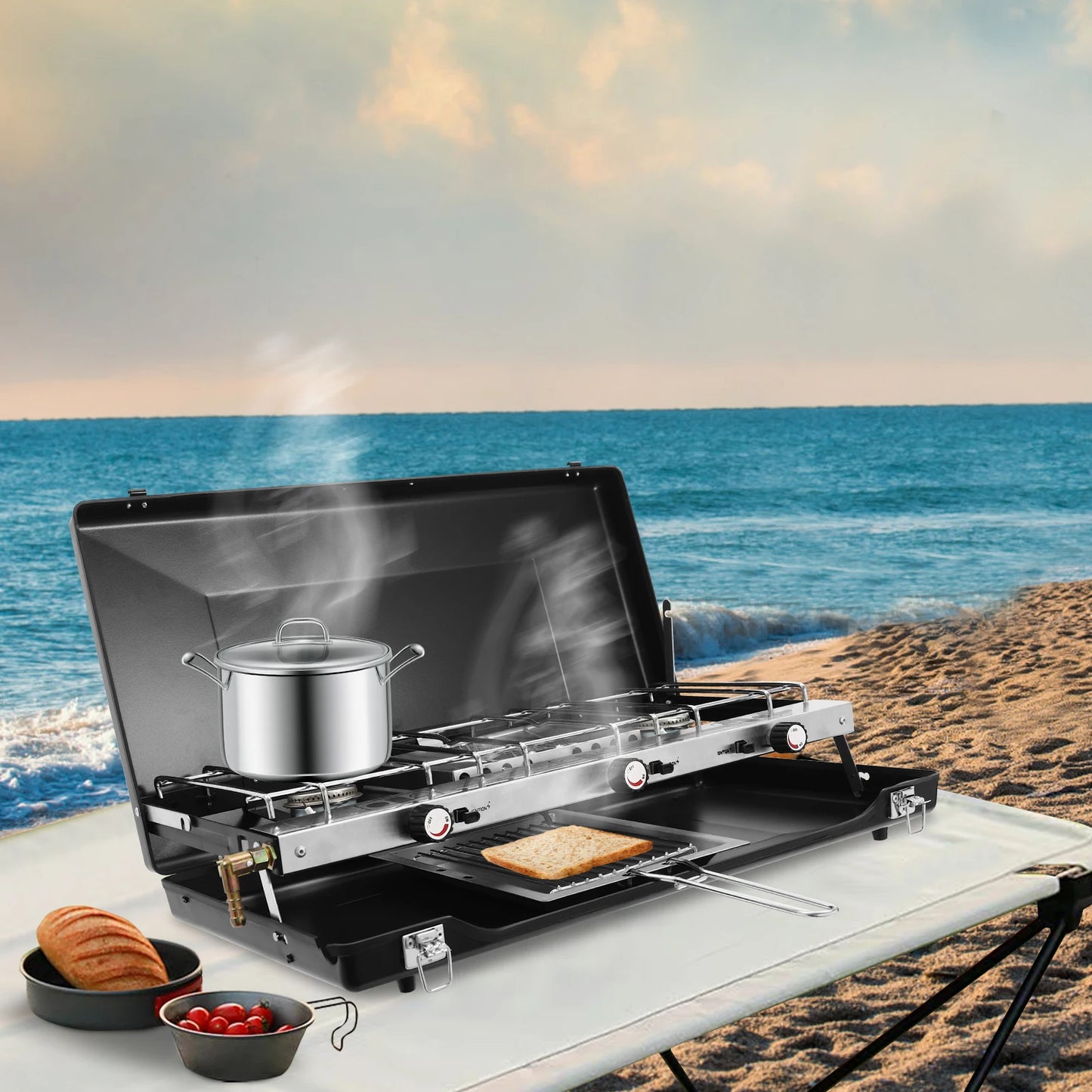 NONE Portable Camping Stove With Griddle 3-Burner Propane Stove