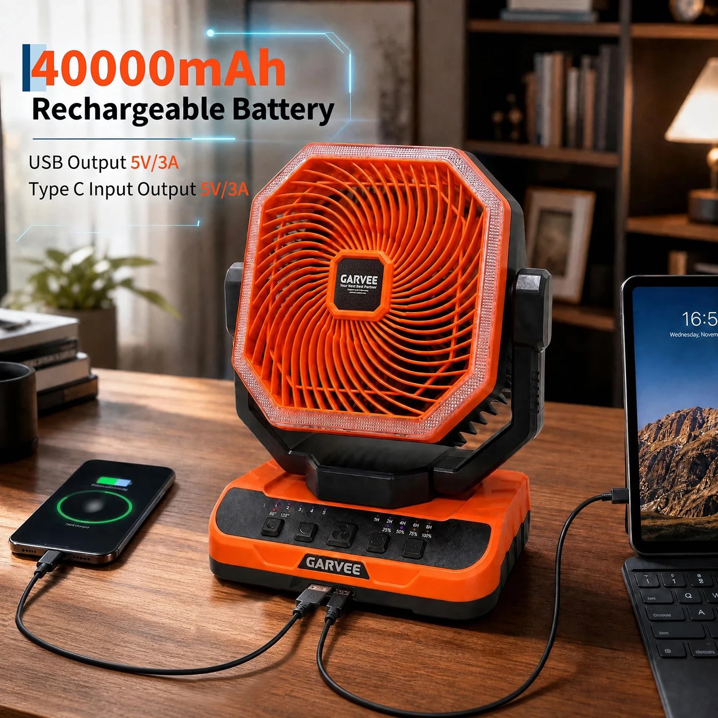 Portable Camping Fan 40000mAh Rechargeable Battery Powered Fan With Remote Timer LED Light 5 Speeds For Tent Travel Car Outdoor