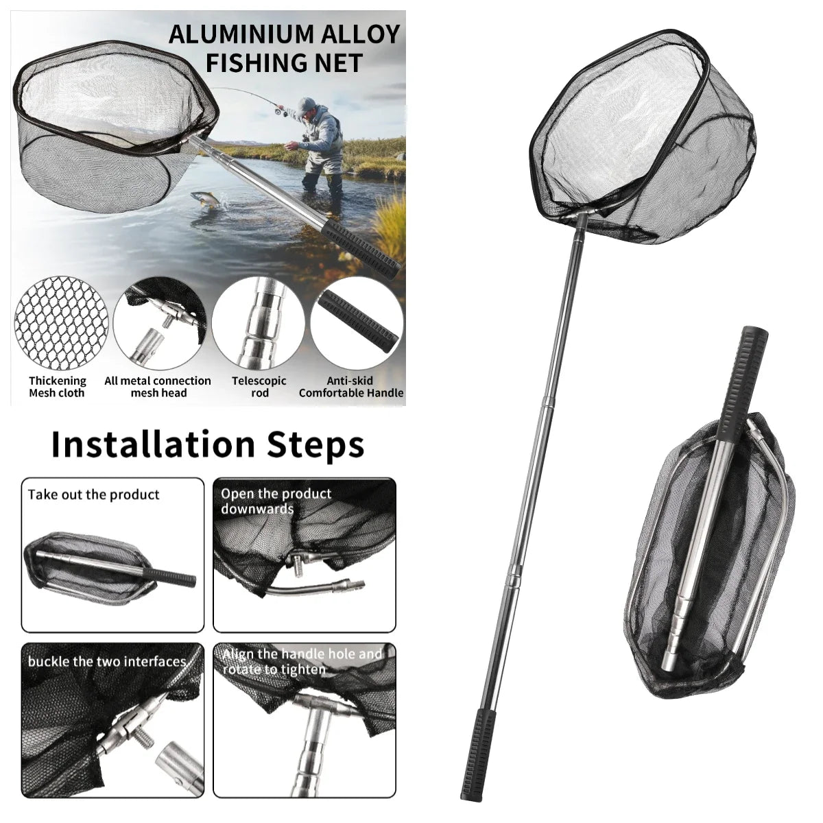 Fishing Landing Net With Telescopic Pole Anti Slip Handle