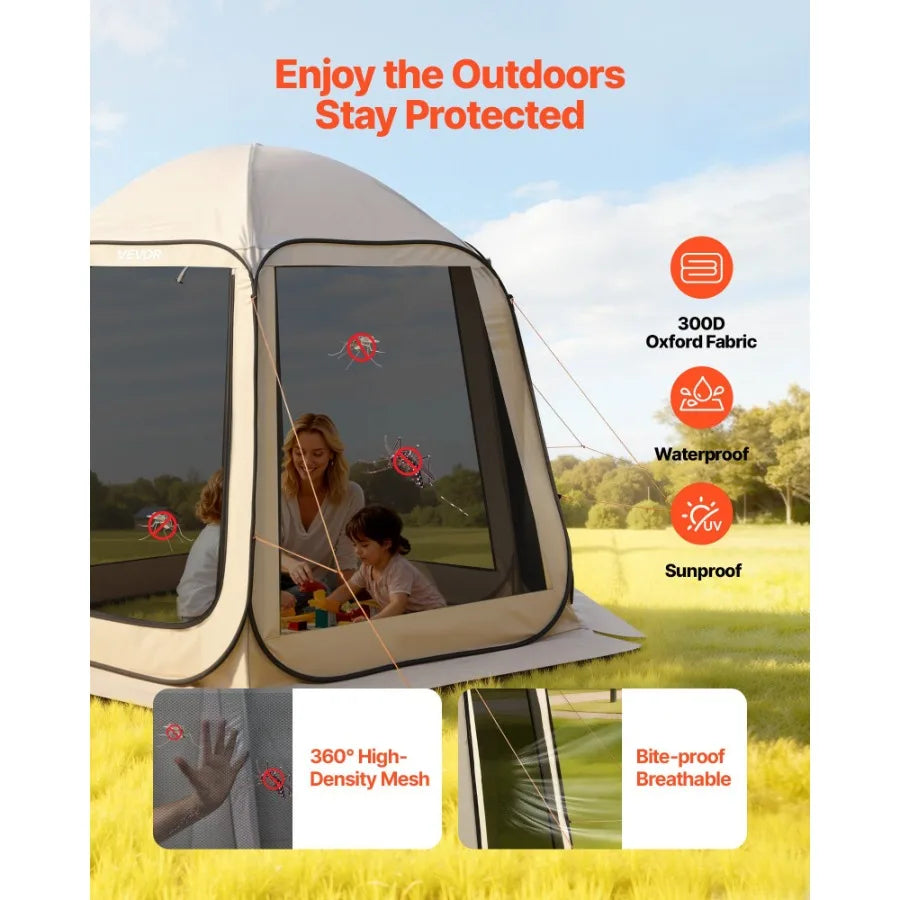 Screen House Tent 10 x 9.2 ft Beige 4-8 Person Pop Up Screened Canopy with Netting Sides Ground Stakes Carry Bag for Garden Pat