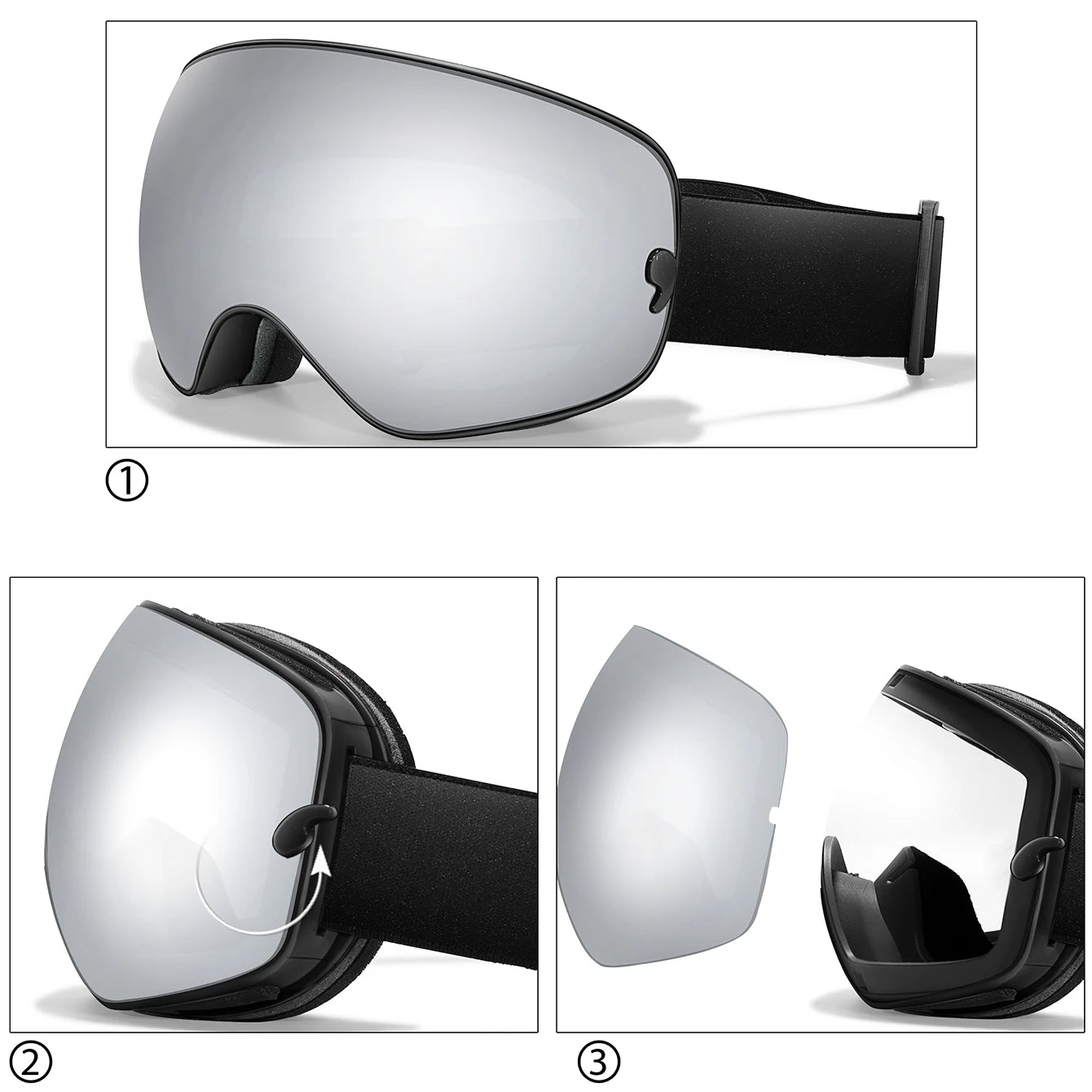 Winter Ski Goggles UV400 Anti Fog Unisex Free Frame Bag