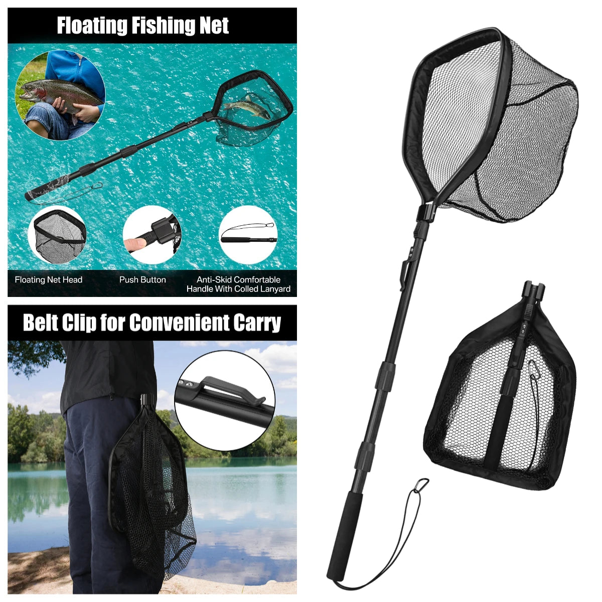 Fishing Landing Net With Telescopic Pole Anti Slip Handle