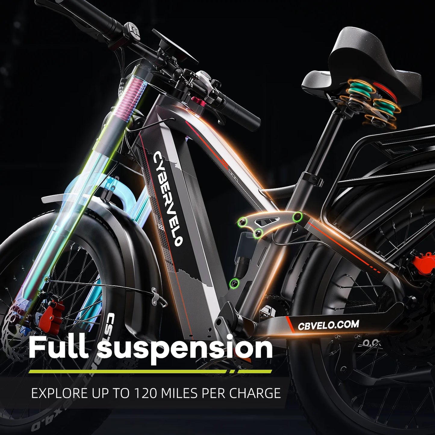Cybervelo 5000W Peak Electric Bike for Adults 26"x4.0 Fat Tire All Terrain Electric Mountain Ebike Commuter E-Bike 7-Speed Up to 120 Miles 52V 40Ah/60V 50Ah Removable Battery EK9